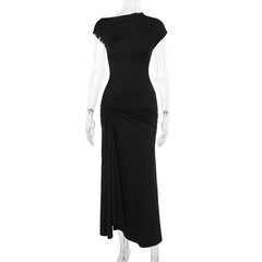 Short sleeve ruched self tie high slit maxi dress