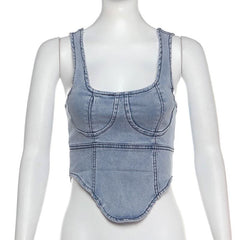 Denim square neck zip-up sleeveless tank top