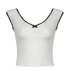 V neck bowknot ruched lace hem top
