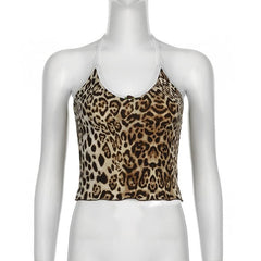 Leopard print halter v neck flower applique cami top