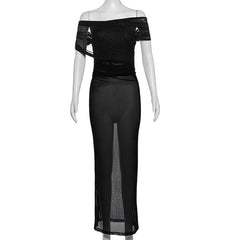 Off shoulder ruched cross front sheer mesh maxi dress-final-sale