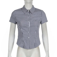 Turnover collar short sleeve plaid print button top