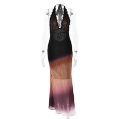 Halter self tie deep V neck gradient lace maxi dress