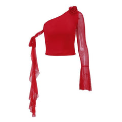Long flared sleeve one shoulder mesh flower applique backless top-final-sale
