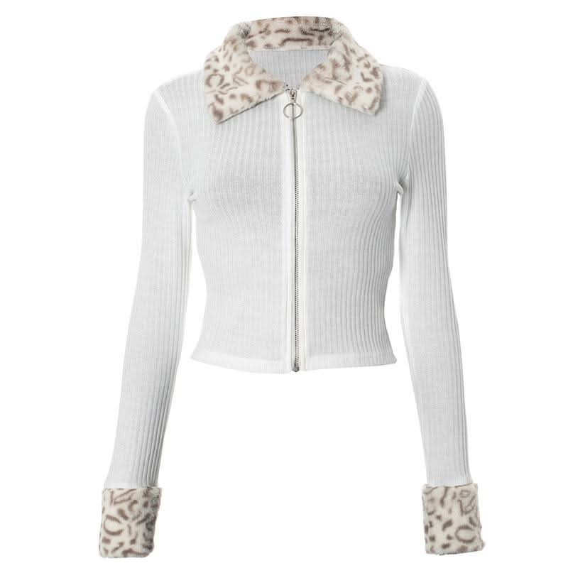 Zip-up long sleeve turnover collar leopard fluffy top