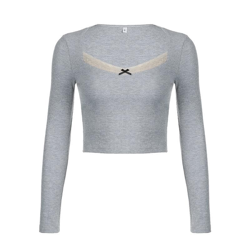 Ribbed lace hem long sleeve contrast v neck crop top
