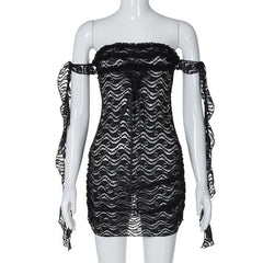 Off shoulder ruffle lace bowknot see through mini dress