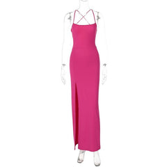 High slit ruched cross back solid cami maxi dress