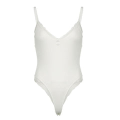 Lace hem button ribbed v neck cami bodysuit