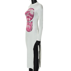 Long sleeve contrast abstract print slit midi dress-final-sale