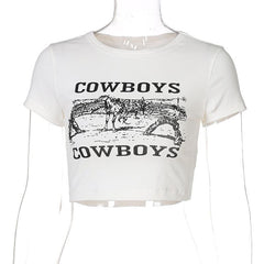“COWBOYSâ€?print short sleeve crewneck crop top