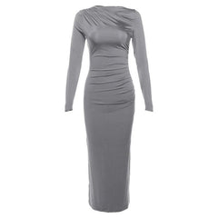 Ruched solid long sleeve zip-up maxi dress-final-sale