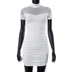 High neck short sleeve mesh patchwork ruched solid mini dress-final-sale