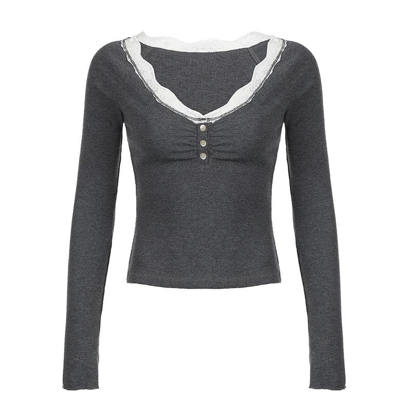 Long sleeve v neck lace hem button top