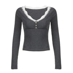 Long sleeve v neck lace hem button top