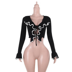 Long flared sleeve ruffle v neck self tie ruched top