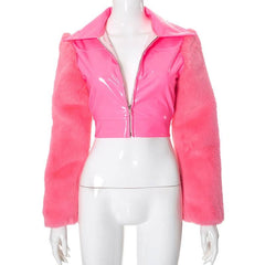 Zip-up long sleeve fluffy turnover collar crop top