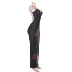 V neck flower print beaded slit cami maxi dress