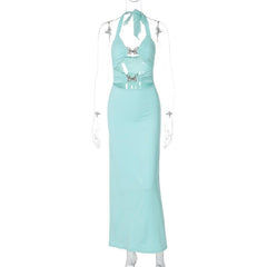 Halter metal butterfly hollow out cut out maxi dress