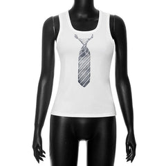 U neck necktie print ribbed contrast sleeveless top