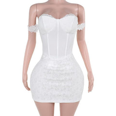 Sweetheart neck off shoulder bustier lace mini dress