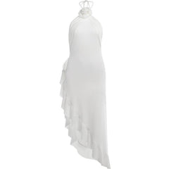 Ruffle solid flower applique halter backless irregular midi dress-final-sale