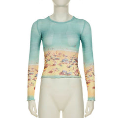 Long sleeve crewneck contrast mesh top