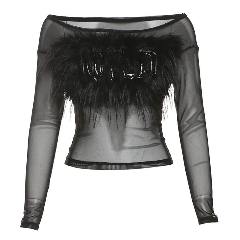 Long sleeve off shoulder feather letter embroidery top