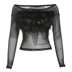 Long sleeve off shoulder feather letter embroidery top