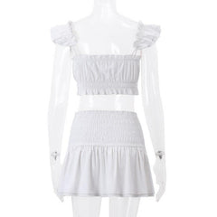 Smocked solid cap sleeve ruffle button mini skirt set-final-sale