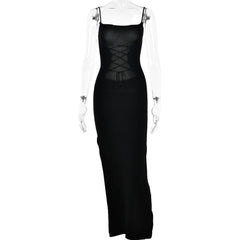 Lace up square neck slit solid backless cami maxi dress-final-sale