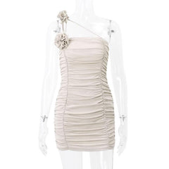 Flower applique one shoulder irregular ruched mini dress-final-sale
