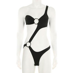 Irregular one shoulder o ring hollow out button bodysuit