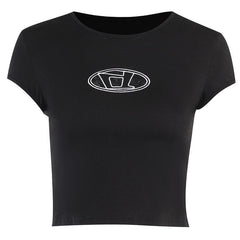 Embroidery contrast cap sleeve crewneck crop top