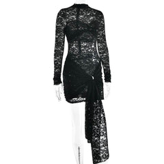 Crewneck long sleeve lace o ring ruched mini dress