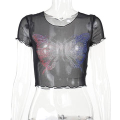 Round neck short sleeve butterfly pattern beaded crop top