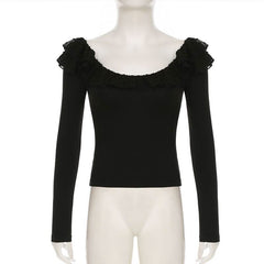 Long sleeve ruffle mesh patchwork top