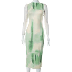Tie dye sleeveless contrast crewneck midi dress-final-sale