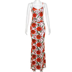 V neck flower print cami maxi skirt set