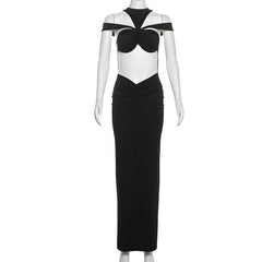 Ruched hollow out crewneck solid cut out maxi dress