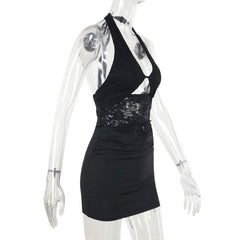Halter self tie hollow out lace ruched cut out mini dress