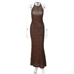 Halter textured see through backless maxi dress