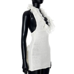 Halter self tie tassels knitted backless mini dress