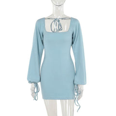 Long sleeve u neck self tie backless mini dress