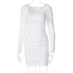 Long sleeve solid square neck ruched mini dress-final-sale