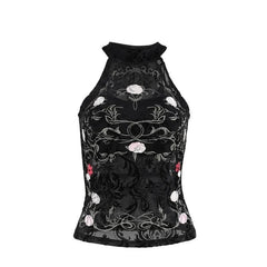 High neck ruffle print embroidery tank top-final-sale