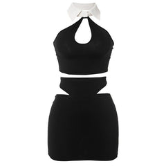 Halter turnover collar hollow out mini skirt set-final-sale