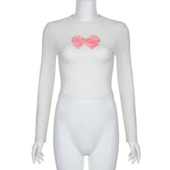 Bowknot pattern contrast long sleeve crewneck top-final-sale