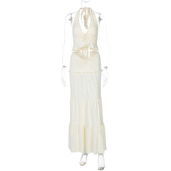 Halter v neck ruffle ruched maxi dress skirt set