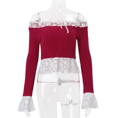 Off shoulder lace hem long flared sleeve ribbed top